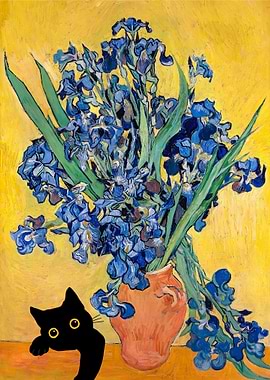 Irises with Black Cat