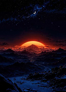 Mountain Landscape with Crescent Moon