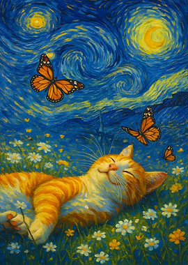 Cat in Starry Night Field