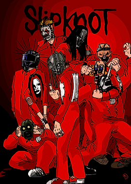 Slipknot band members in red suits