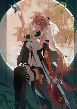 Anime Girl with Birds and Moon
