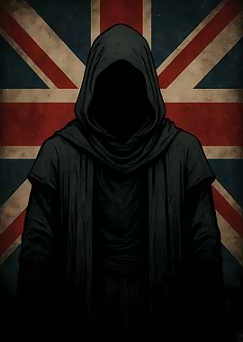 Hooded Figure with Union Jack Backdrop