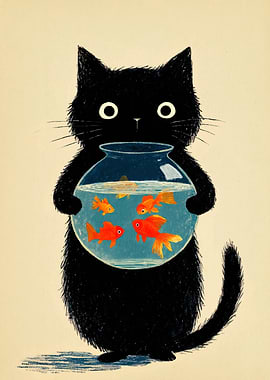 Black Cat with Goldfish Bowl