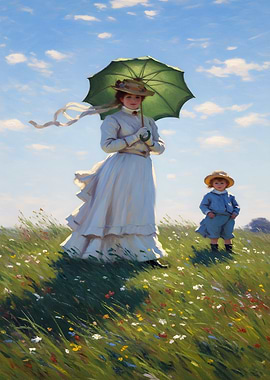 Woman and Child in Meadow Painting