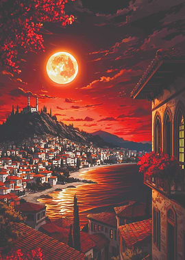 Red Moonlit Coastal Town