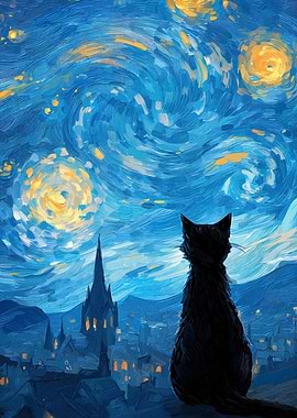 Black Cat Starry Night Painting