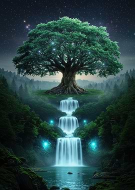 Magical Tree and Waterfalls at Night