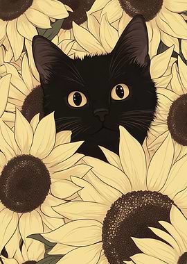 Black cat in sunflowers illustration