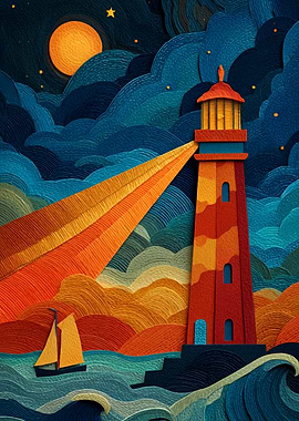 Lighthouse and Sailboat at Night