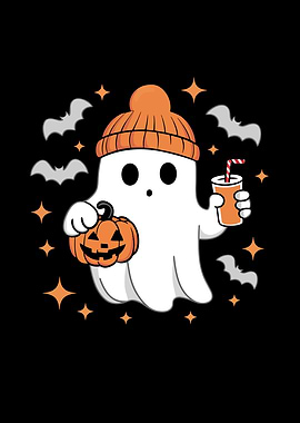 Cute Halloween Ghost with Pumpkin and Drink