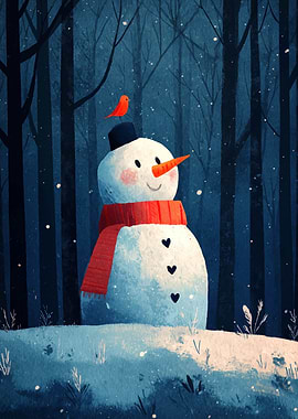 Snowman in Winter Forest with Bird