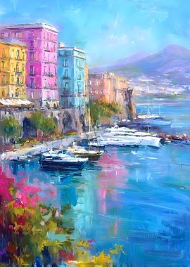 Colorful Coastal Cityscape Painting