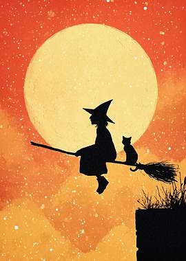 Witch and Cat Silhouette on Broom