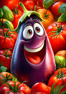 Cartoon Eggplant with Tomatoes and Basil