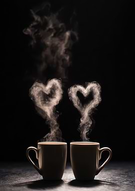 Two Cups of Coffee with Heart Steam