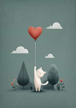 Cat with Heart Balloon in Nature