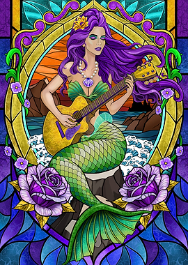 Stained Glass Mermaid Playing Guitar