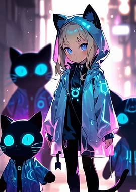 Anime Girl with Cats in Cityscape
