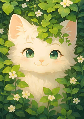 Cute White Cat in Greenery