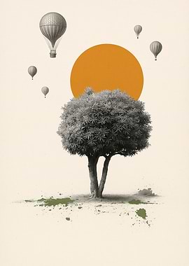 Tree, Balloons, and Sun Minimalist Art