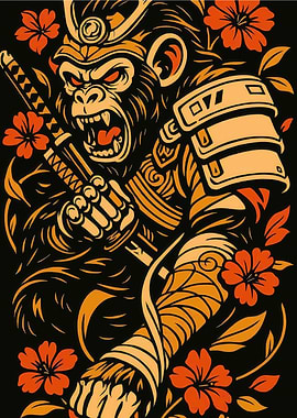 Samurai Gorilla with Sword and Flowers