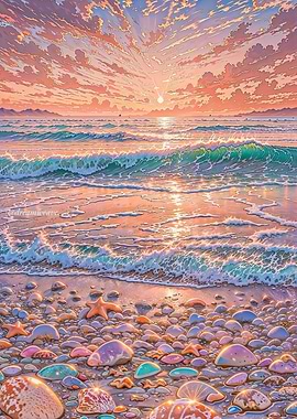 Pastel Beach Sunset with Colorful Stones
