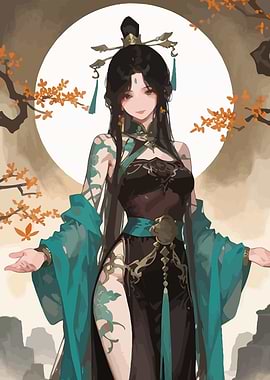 Elegant Asian Woman with Moon Background