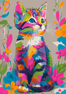 Colorful Kitten Portrait with Floral Accents
