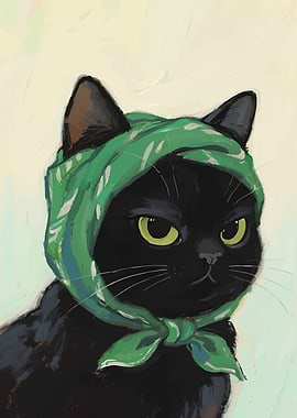 Black Cat with Green Headscarf