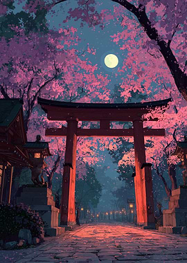 Japanese Torii Gate with Cherry Blossoms
