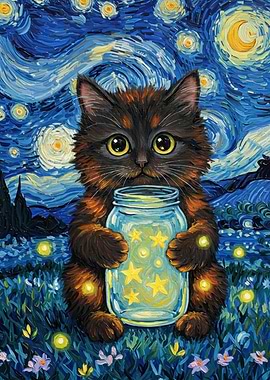 Cat with Starry Night Jar