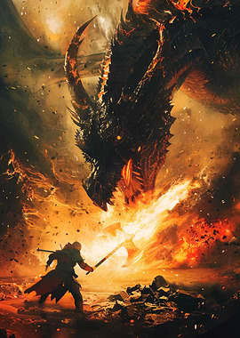 Dragon and Warrior in Fiery Battle