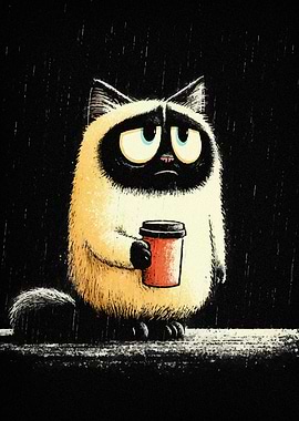 Sad Cat with Coffee in Rain