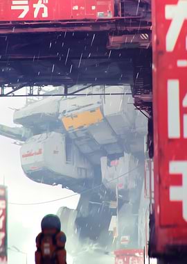 Cyberpunk Cityscape with Robot and Rain