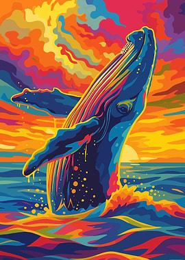 Colorful Whale Breaching at Sunset