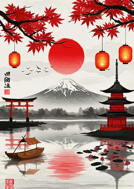Japanese Landscape with Mount Fuji