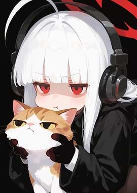 Anime Girl with Cat and Headphones