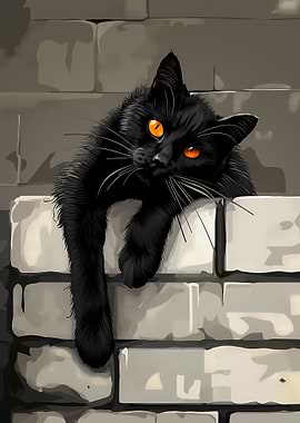 Black Cat on Brick Wall
