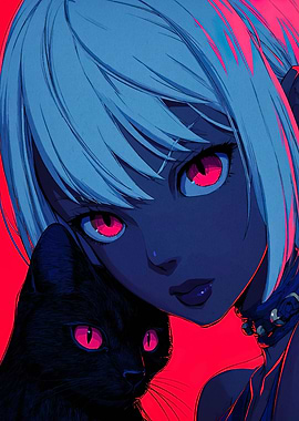 Anime Girl with Black Cat