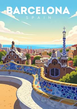 Barcelona Spain Park Güell Illustration