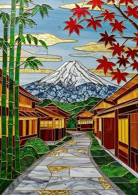 Mount Fuji Stained Glass Landscape