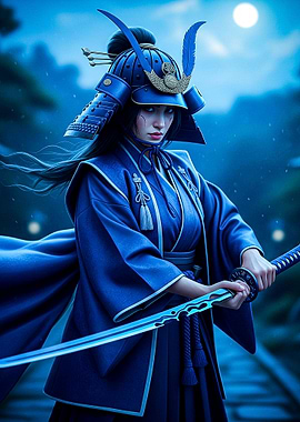 Blue Samurai Woman with Katana
