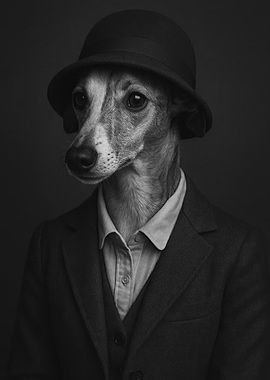 Vintage Whippet Dog in Suit and Hat