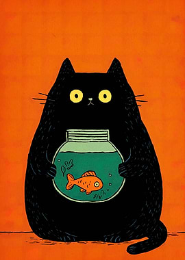 Black Cat Holding Fishbowl Illustration