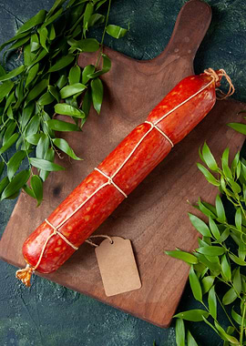 Salami on Wooden Board with Greenery