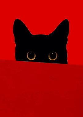 Peeking Black Cat on Red Background