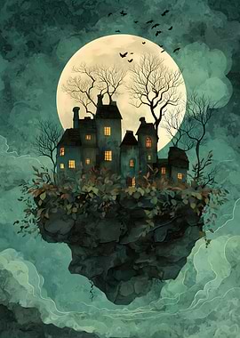 Haunted House Under Full Moon