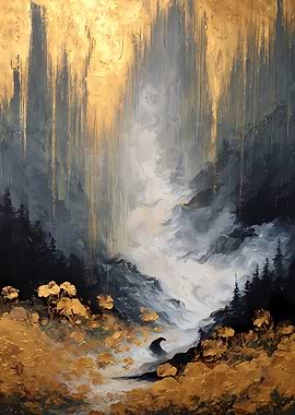 Golden Waterfall Landscape Painting