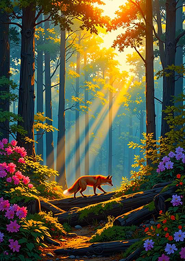 Fox in Sunlit Forest