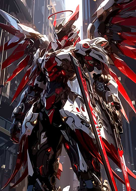 Winged Mecha Warrior in Cityscape